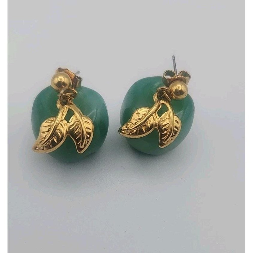 Vintage Green Apple Earrings Gold Tone Lucite Dangle  Designer Signed